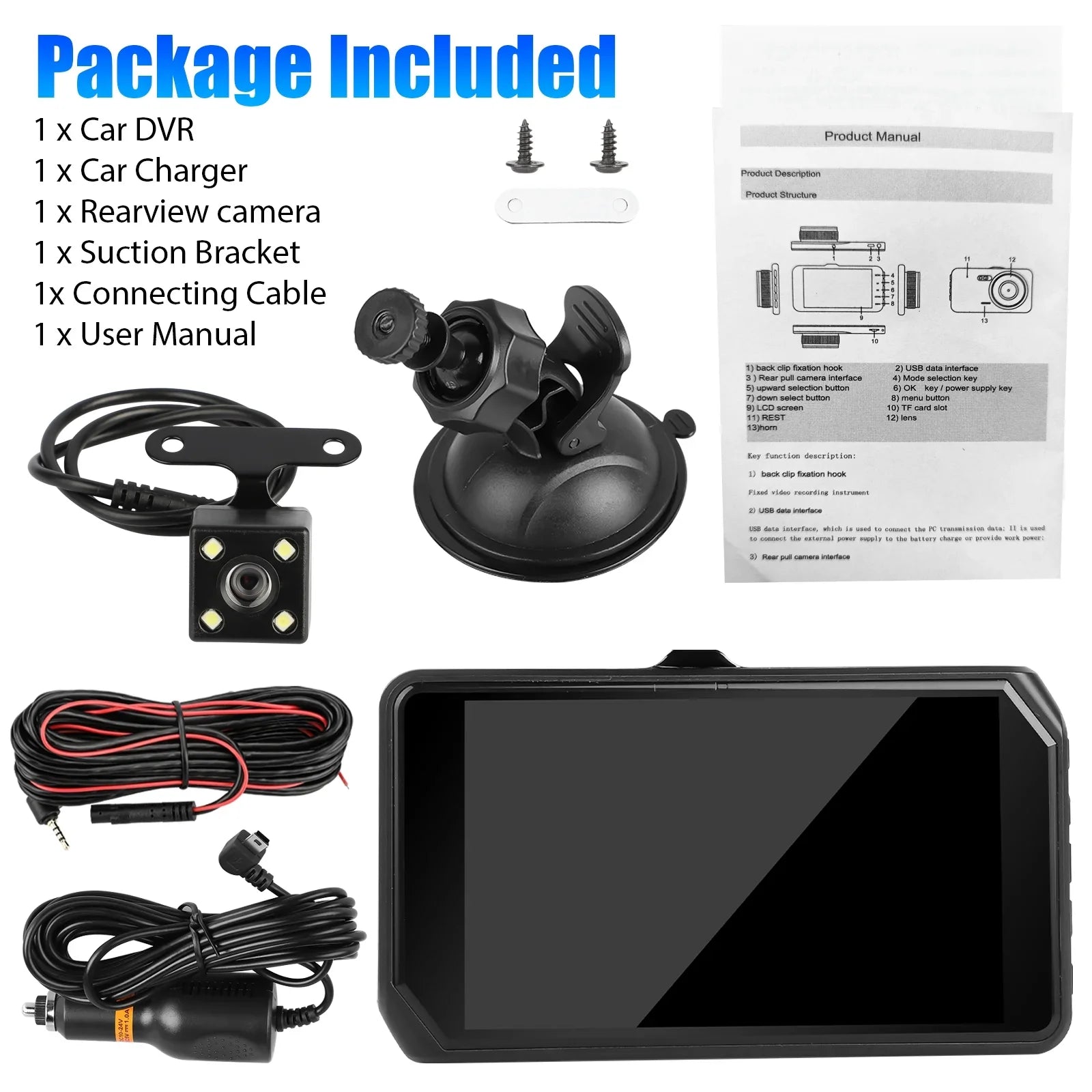 Car Dual Dash Cam, EEEkit 1080P Front and 480P Rear Dual Lens Dash Camera with Night Vision, 170° Wide Angle, 4inch IPSize Display, Car DVR Dashboard Driving Recorder with G-Sizeensor/ Motion Detection