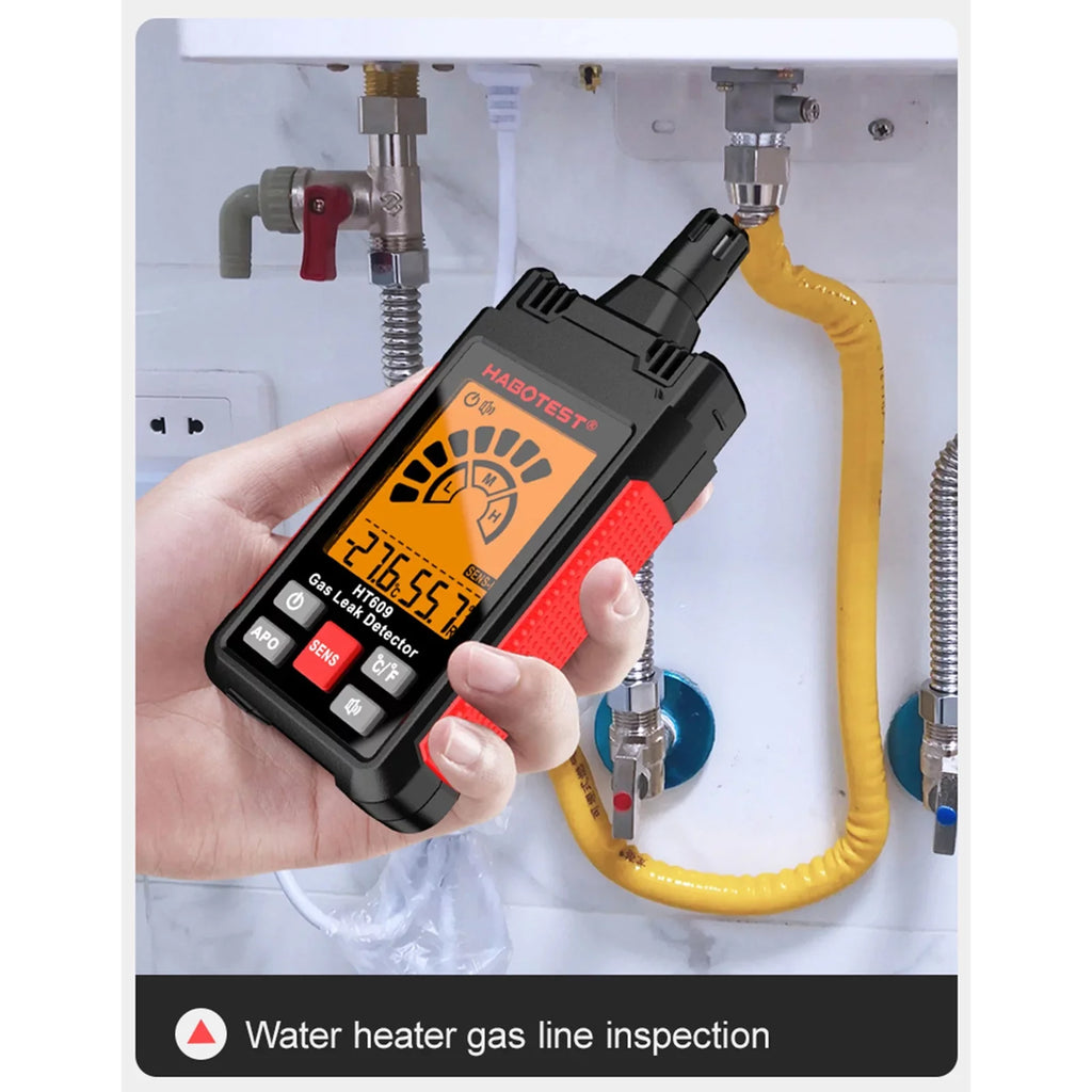 HABOTESizeT HT609 Gas Leak Detector Combustible Gas Detector with LCD Display Audible and Visual Alarm Ambient Temperature and Humidity Methane Natural Gas Hydrogen Detector
