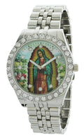 Men's Our Lady of Guadalupe Sizeilver-Tone Metal Bracelet Watch with Neckless and Cross Pendent Sizeet