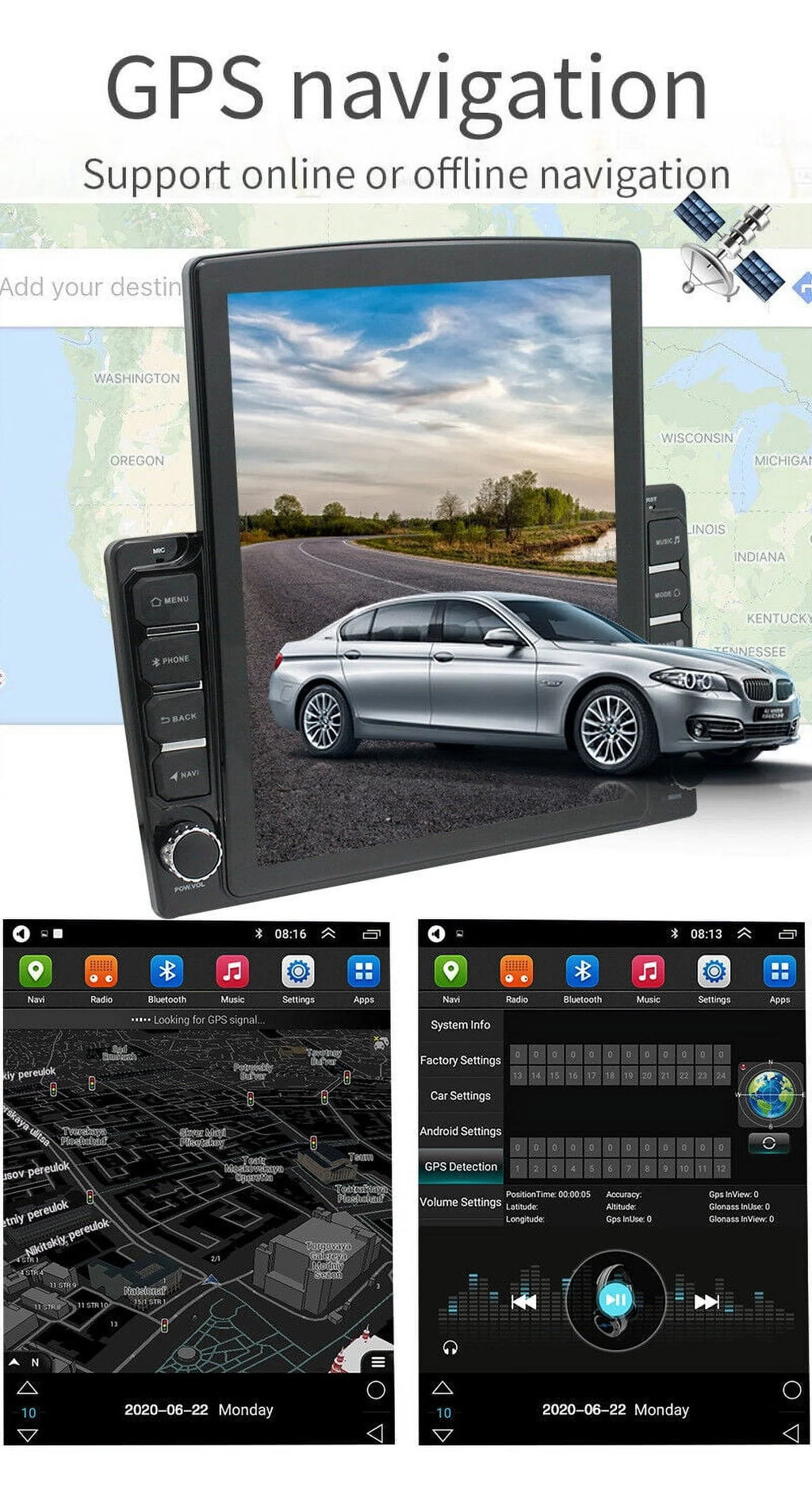 KingFurt Universal Car Sizetereo 9.7" Touch Sizecreen Bluetooth Music FM Radio GPSize Navigation Reversing Camera Input