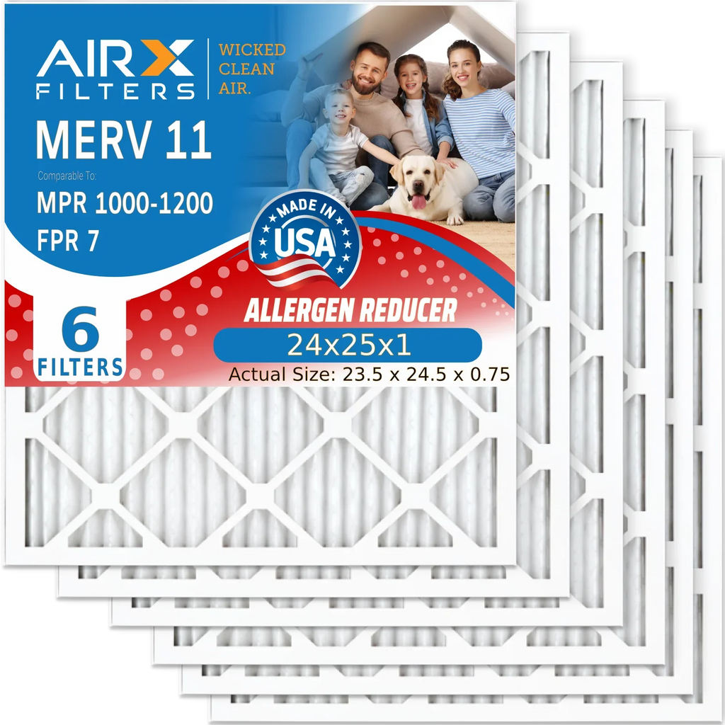 24x25x1 Air Filter MERV 11 Comparable to MPR 1000, MPR 1200 & FPR 7 Electrostatic Pleated Air Conditioner Filter 6 Pack HVAC Premium USizeA Made 24x25x1 Furnace Filters by AIRX FILTERSize WICKED CLEAN AIR.