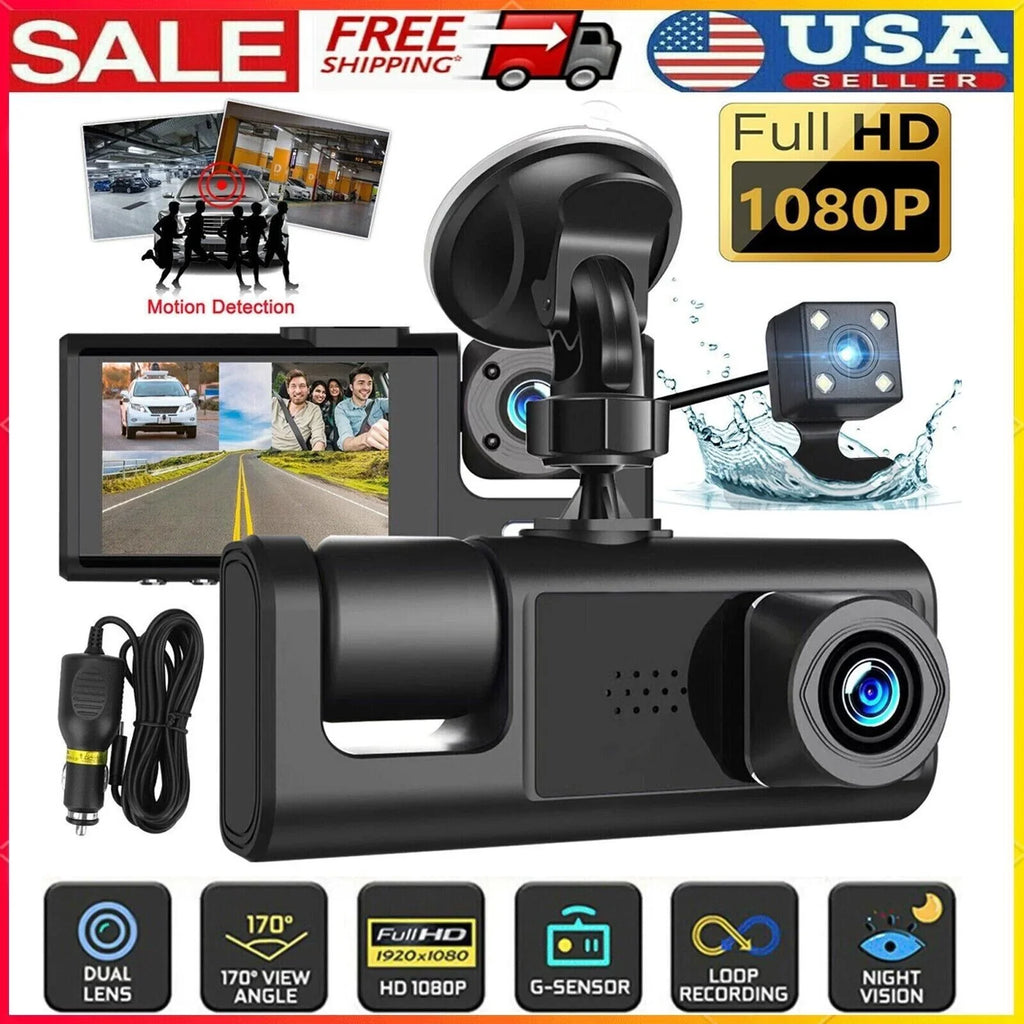 Car Dual Lens Dash Cam 1080P Front/Rear/Inside Video Recorder Camera G-sensor