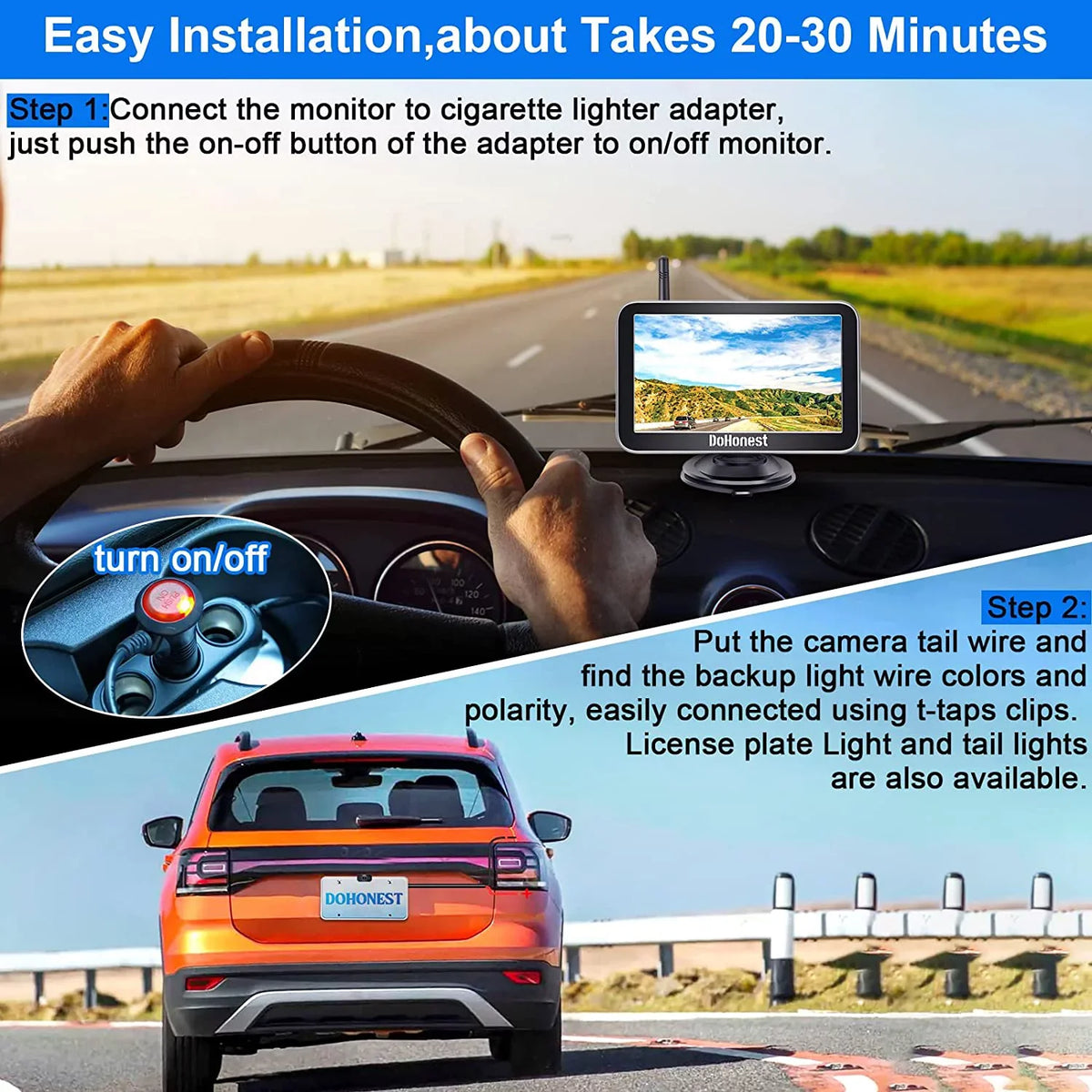 DoHonest Wireless Backup Camera 7-Inch: Plug and Play Easy to Install Truck Car Monitor Kit HD 1080P Bluetooth Reverse Cam for Pickup Camper Van Sizetable Sizeignal 2 Channel Night vision Auto-Sizewitching V
