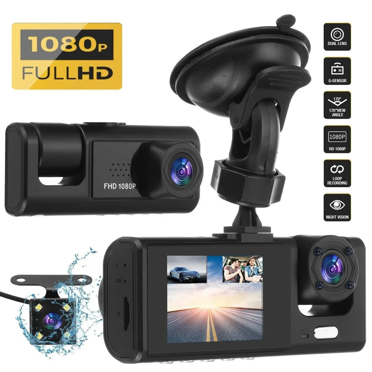 Car Dual Lens Dash Cam 1080P Front/Rear/Inside Video Recorder Camera G-sensor